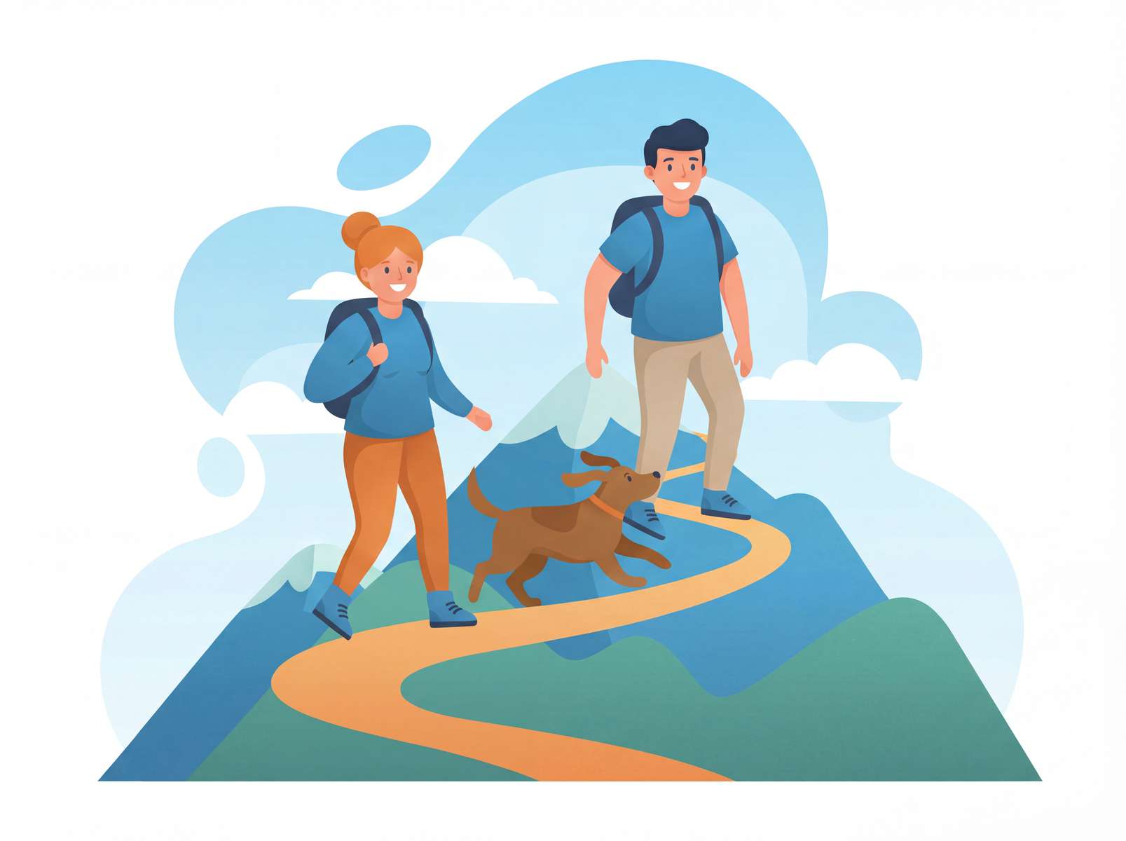 Corporate alegria - two people and a dog going on a hike up a mountain